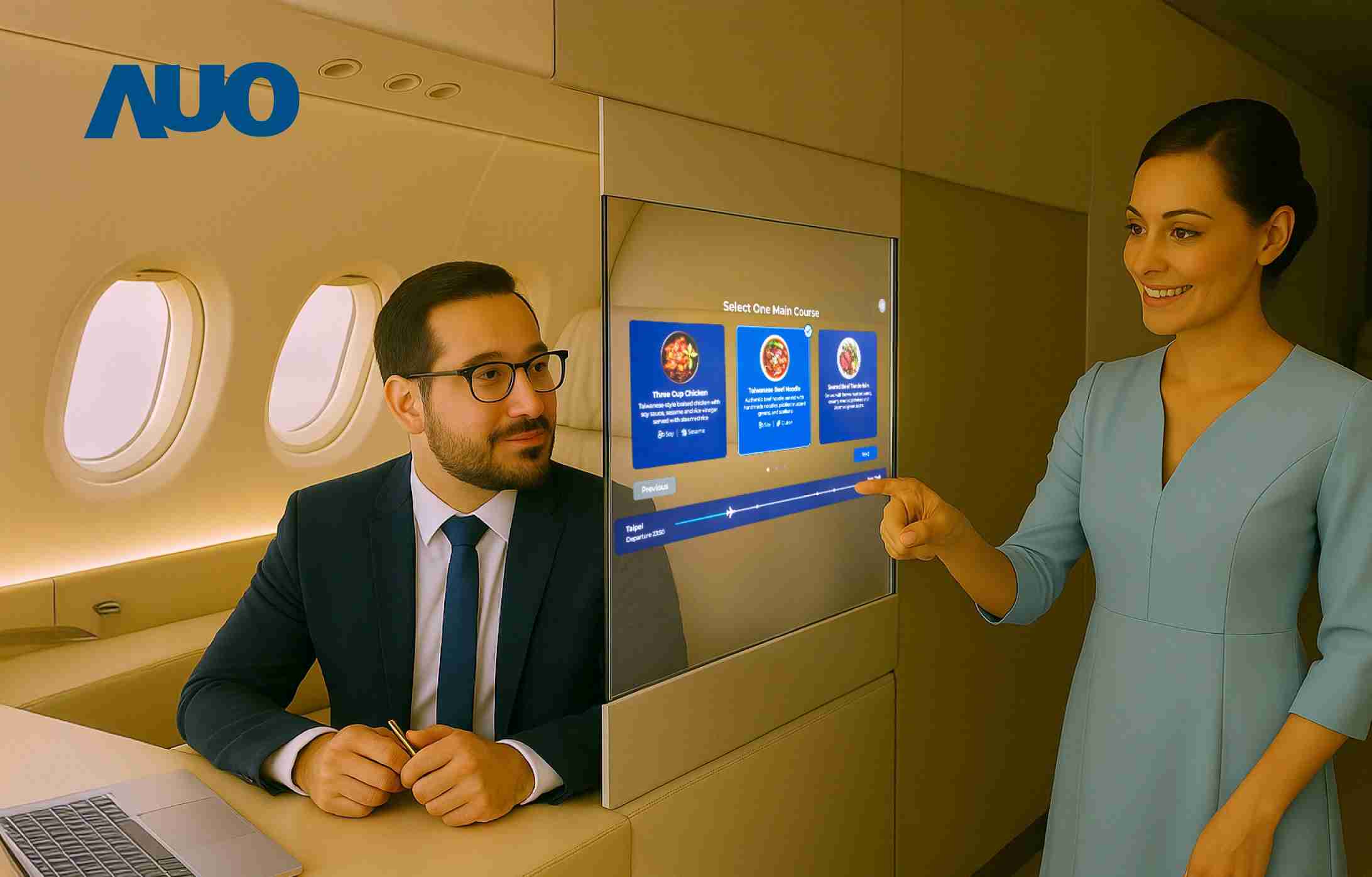 918.COM研发全球最薄17.3 吋双面透明 Micro LED 显示器，，可在同一屏幕之双边投射不同信息，，，创造独特的”透明化”互动；图为实时翻译交流应用情境